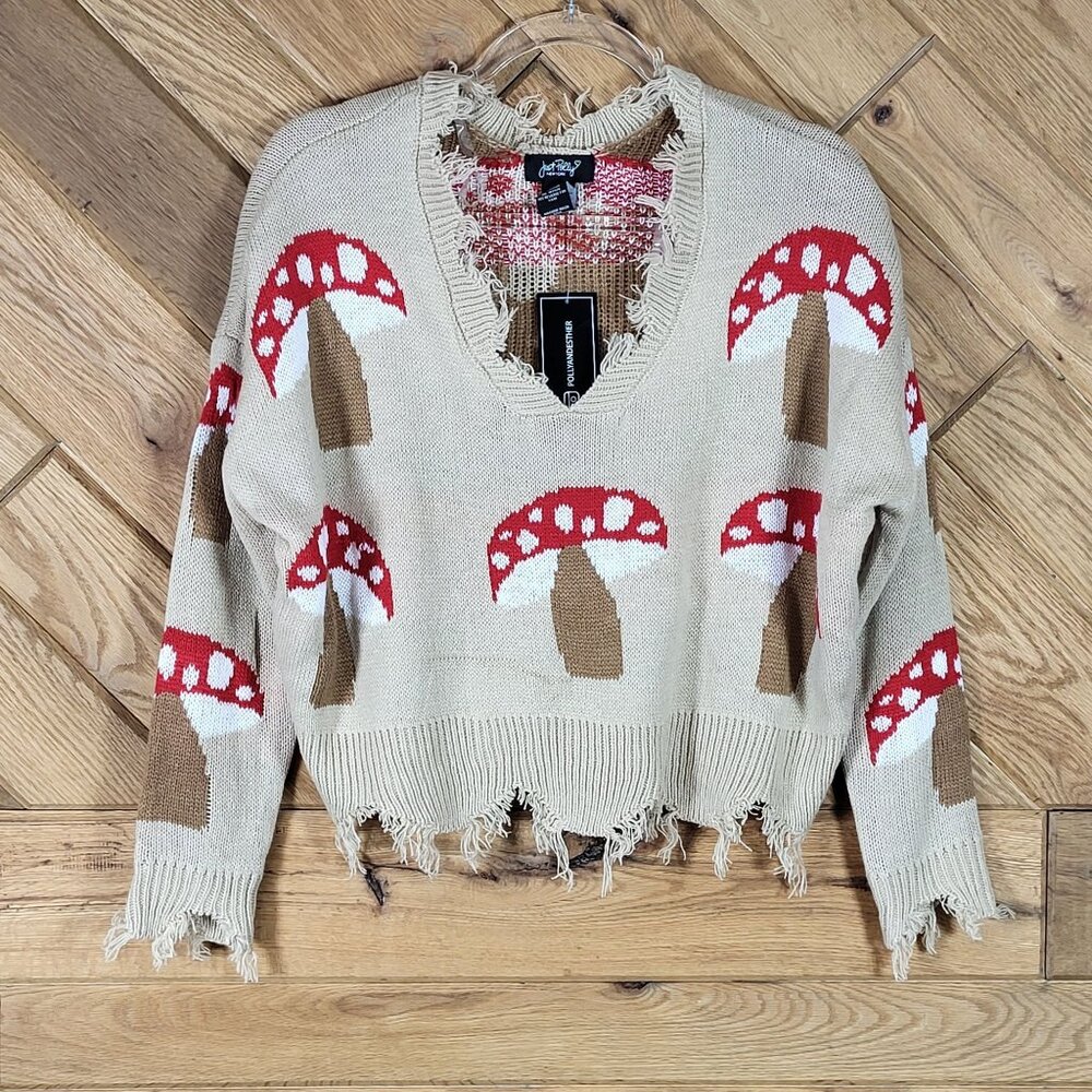 Just Polly Mushroom Pattern Distressed Beige Knit Sweater Size S Oversized NEW